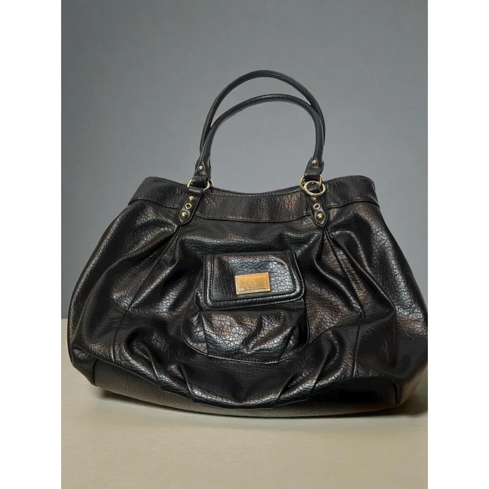 Juicy Couture Black Pebble Faux Leather Tote Bag With Gold Hardware & Front Pock